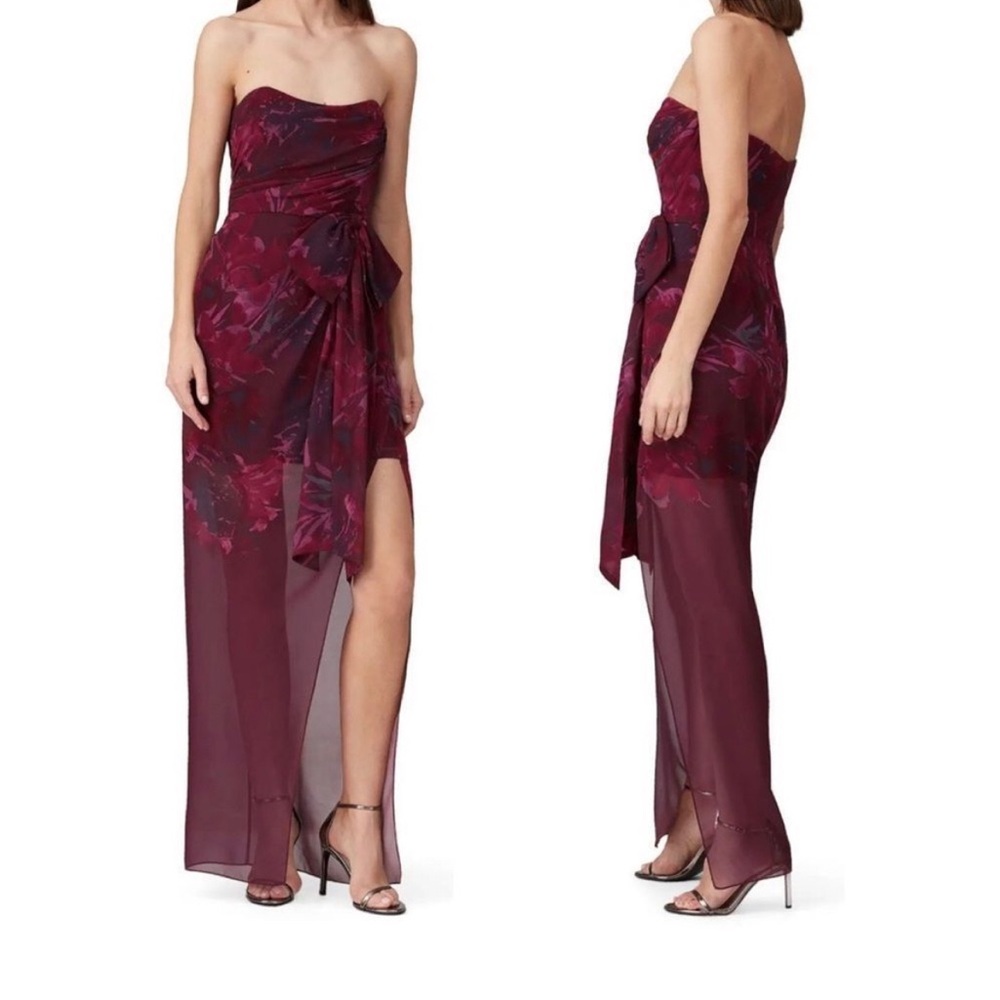 Badgley Mischka Red Floral Strapless Gown Dress with Sheer Skirt Sz 16